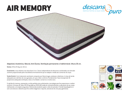 Colchão Air Memory viscoelástico anatómico anti-ácaros com suporte adaptativo