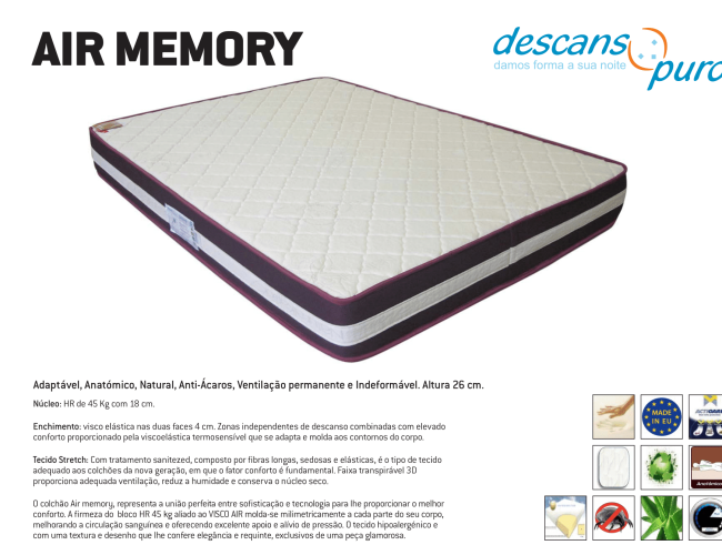 Colchão Air Memory viscoelástico anatómico anti-ácaros com suporte adaptativo